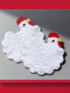 Hand Crafted White Crochet Hen & Chick Pot Holders/Coaster
